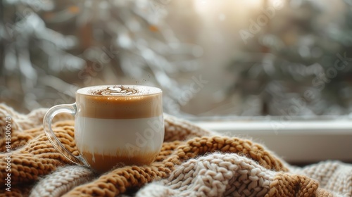 A cozy morning scene featuring a cappuccino in a clear glass mug