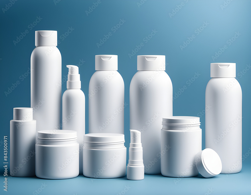 empty white plastic jars, bottles and tubes for cosmetics on blue background empty white plastic jars, bottles and tubes for cosmetics on blue background