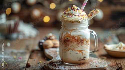 A luxurious vanilla milkshake in a mason jar photo