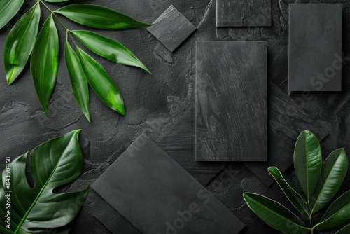 Flat lay top view of blank stationery items arranged in an abstract pattern on a sophisticated charcoal background, accented with subtle green leaves for contrast. The minimalist aesthetic and mockup photo