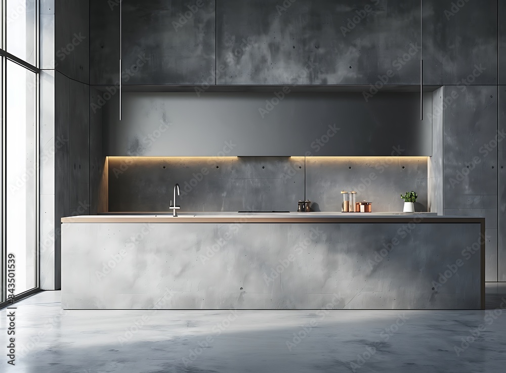 Modern kitchen interior with gray walls, white tiles and concrete floor, Modern kitchen interior with gray walls, white tiles and concrete floor,