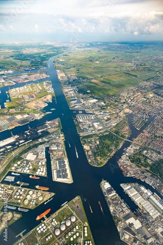 Canvas Print Aerial view of the North Sea canal, connecting the large port, harbour and docks of Amsterdam to the locks and the sea or ocean
