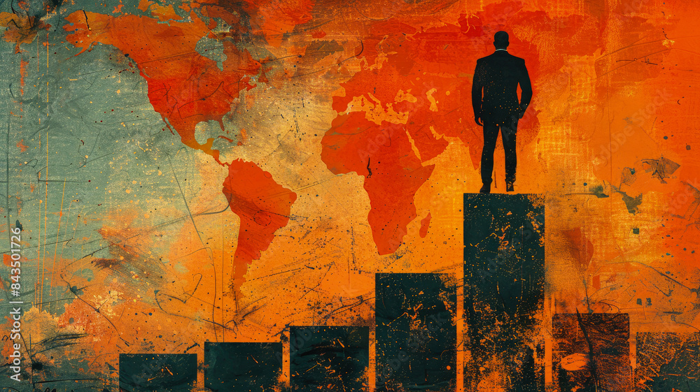 Fototapeta premium Businessman on Rising Bar Graph with World Map Background