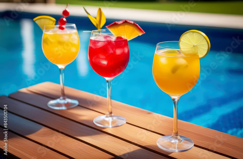 Colorful bright cocktails on the pool
