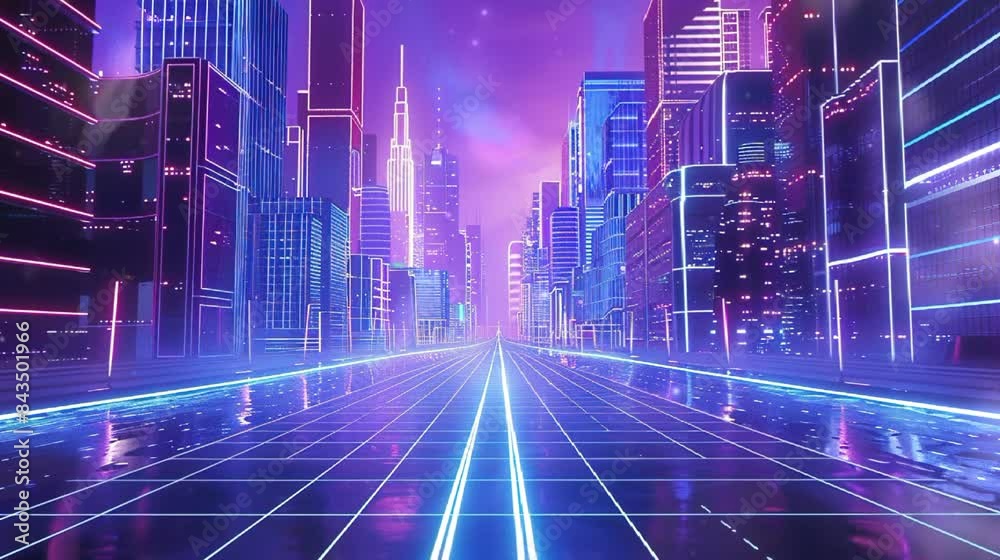 Futuristic city skyline with dynamic neon light, glowing buildings and reflective streets Futuristic city skyline with dynamic neon light, glowing buildings and reflective streets