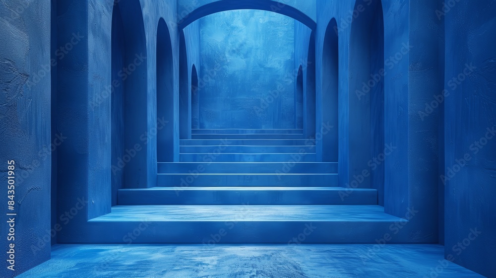 Abstraction, futuristic background, concrete arch. Night view of the tunnel, portal. Staircase up. Abstraction, futuristic background, concrete arch. Night view of the tunnel, portal. Staircase up.
