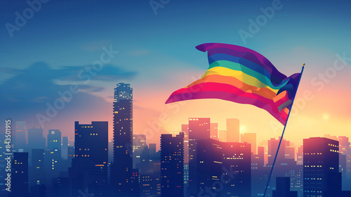 Rainbow flag on modern city background at night, symbol of LGBT pride month celebrate festival annual in June. photo