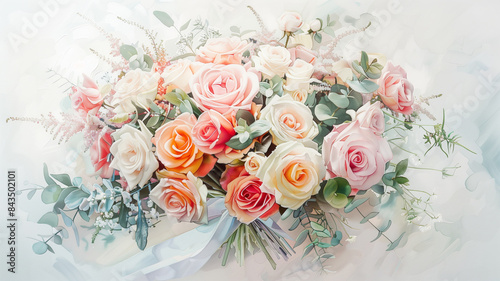Watercolor wedding bouquet in pastel shades.