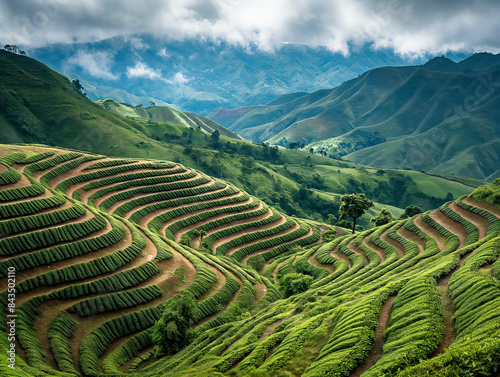 A mountain range with a green hillside and a tree in the middle. The hillside is covered in rows of plants