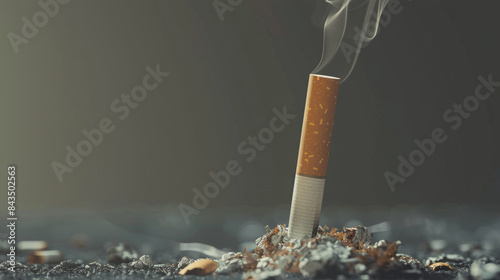A single cigarette stands upright in an ashtray, smoke curling upwards, representing addiction, habit, and the concept of cessation.