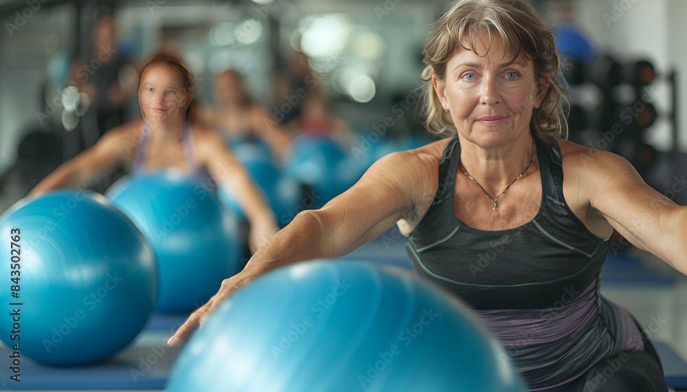 Active mature woman doing exercises with pilates ball during group training at gym indoor Active mature woman doing exercises with pilates ball during group training at gym indoor