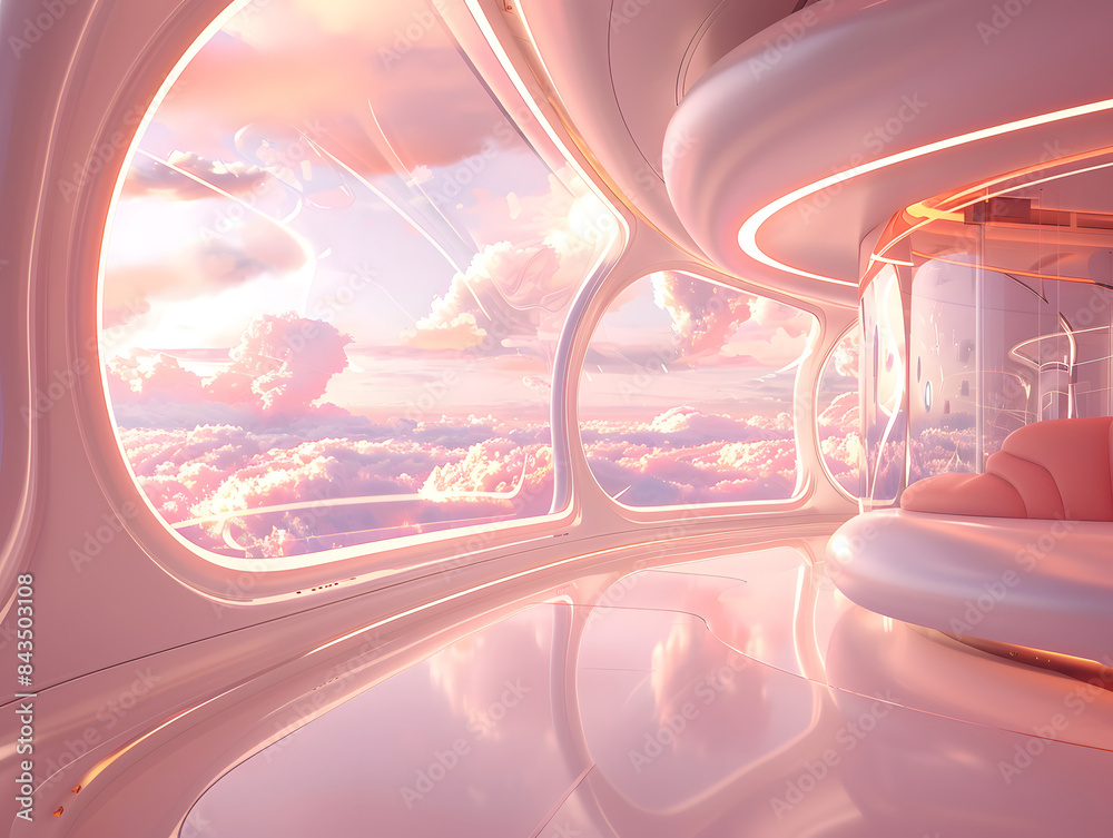 Fototapeta premium a futuristic interior with a large window showcasing a breathtaking view of a cloudy, sunlit sky.