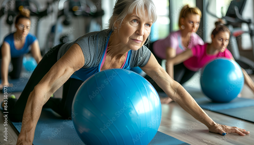 Active mature woman doing exercises with pilates ball during group training at gym indoor Active mature woman doing exercises with pilates ball during group training at gym indoor