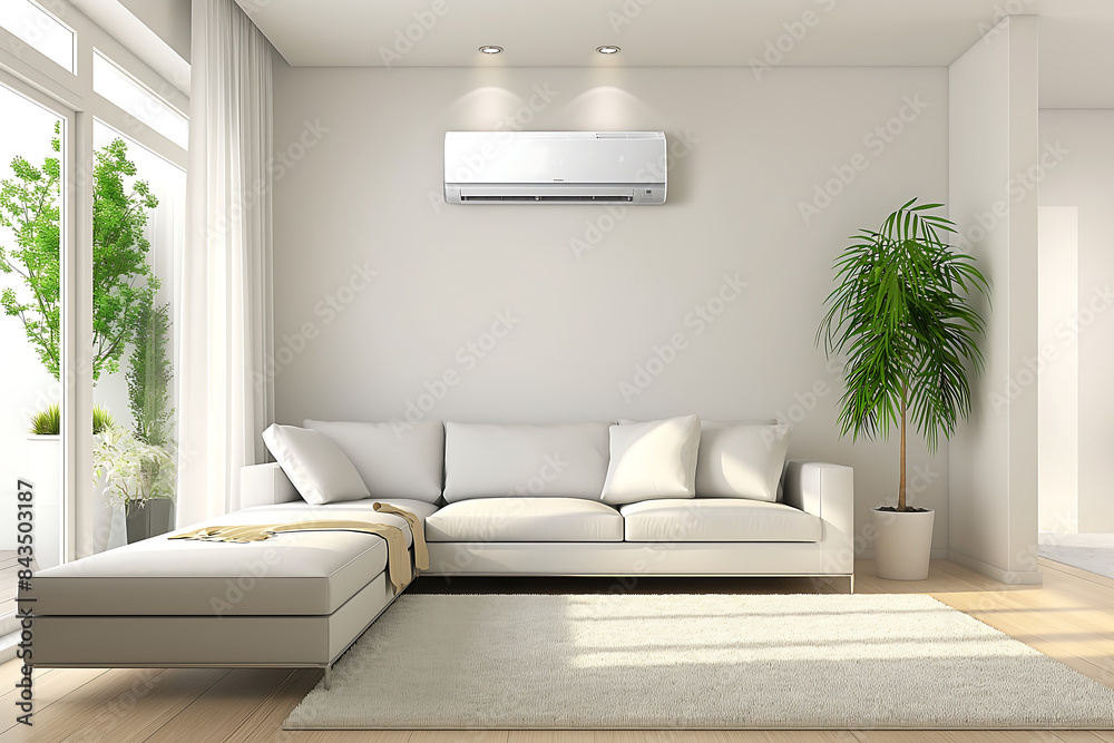 Fototapeta premium Energy-Efficient Air Conditioner in Modern Living Room, Stylish Home Interior with Comfortable Climate Control, Contemporary Design for Residential Spaces