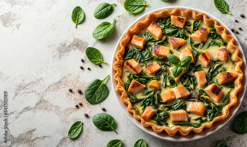 whole round Quiche with salmon cheese and spinach dish seen from above on white marble table top, breakfast tarte top view with copy space 	
