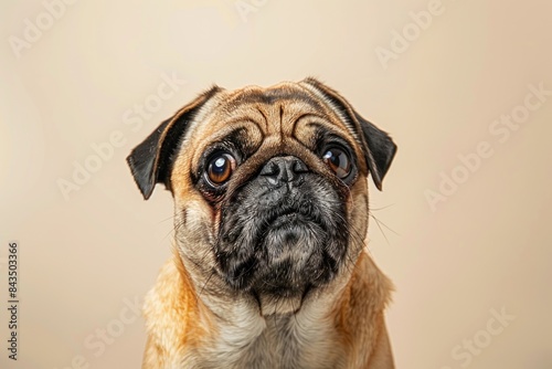 Adorable pug dog with its head tilted to the side, showing a cute and expressive face in a studio shot - Generative ai