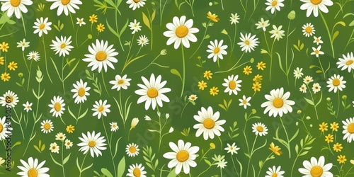Seamless Pattern of Daisies and Wildflowers on Green Background, Perfect for Fabric and Wallpaper Designs - Generative AI