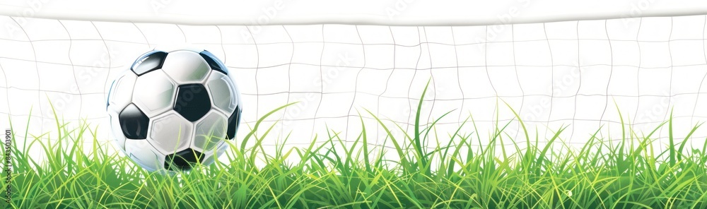 Fototapeta premium Soccer ball flies into the goal net against a white background with green grass, capturing the moment of scoring - Generative ai