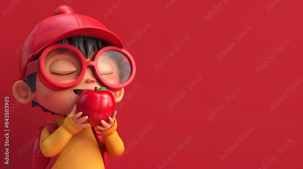 3D character boy with cap and goggles eating a red apple. Minimalism style. Red background. 3D character boy with cap and goggles eating a red apple. Minimalism style. Red background.