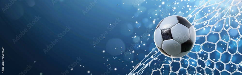 Fototapeta premium Soccer ball flies into the goal net against a blue background in a vector style, capturing the excitement of scoring - Generative ai