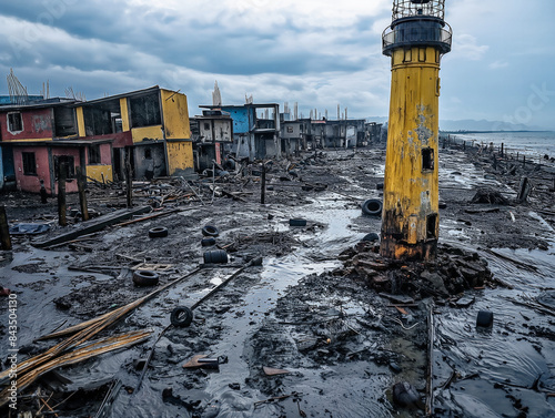 A yellow lighthouse sits in the middle of a flooded area. The area is filled with debris and trash, and the water is murky. The lighthouse is surrounded by a lot of trash, including tires photo