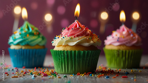 Birthday cupcake. Rainbow Cup Liners. Burning candle light in a cake. Happy Birthday Gay, lesbian. LGBT pride. Tasty baking cupcakes or muffin with