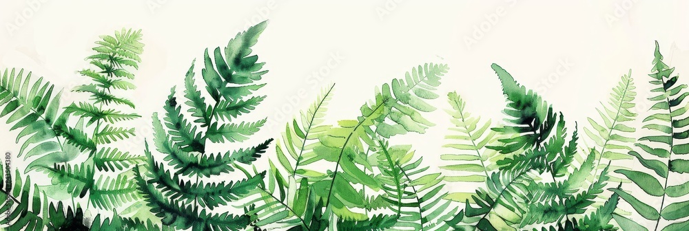Panoramic of vibrant ferns on white - A panoramic image capturing the lush detail and vibrant color of ferns set against a white background Panoramic of vibrant ferns on white - A panoramic image capturing the lush detail and vibrant color of ferns set against a white background