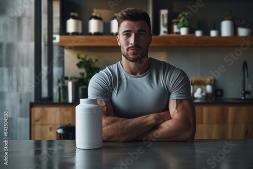Muscular athlete sits at kitchen table with protein supplement