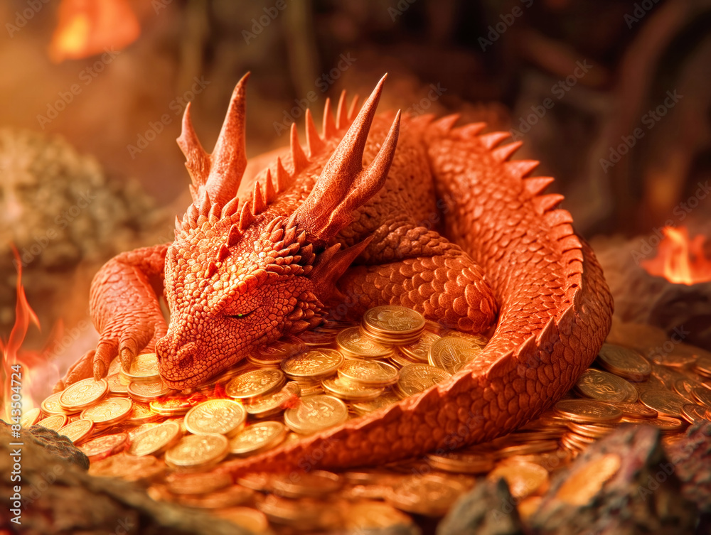 A red dragon is laying on a pile of gold coins. The dragon appears to ...
