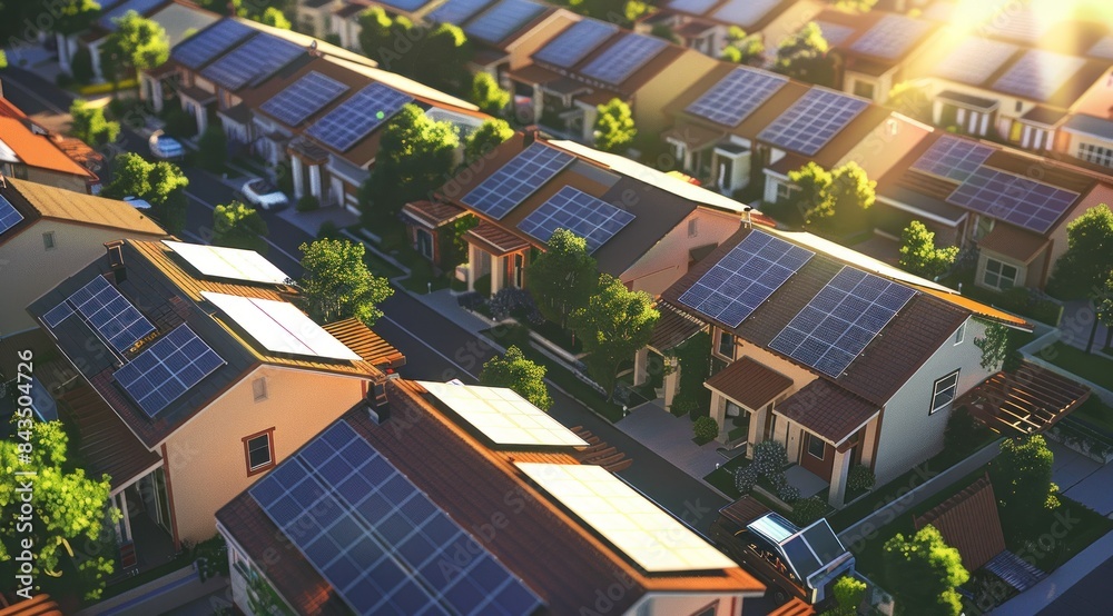 Aerial view of a modern sustainable residential neighborhood with solar panels and green rooftops - Generative ai Aerial view of a modern sustainable residential neighborhood with solar panels and green rooftops - Generative ai