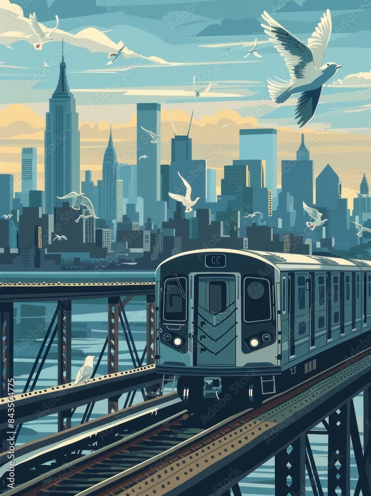 Naklejka premium illustration of an electric train crossing a bridge with city skyline and seagulls in the background Generative ai