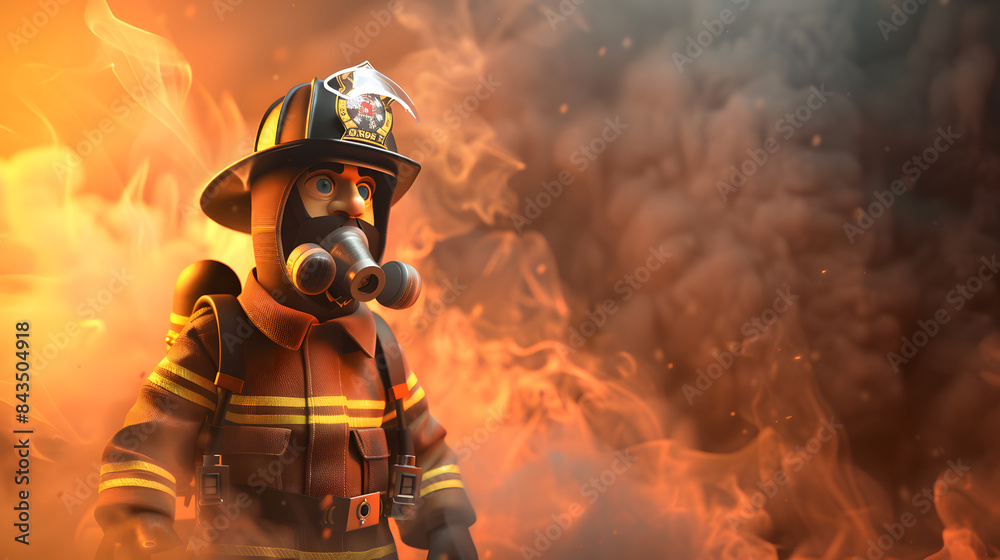 Fototapeta premium 3D character firefighter with a hose and helmet on a smoky background