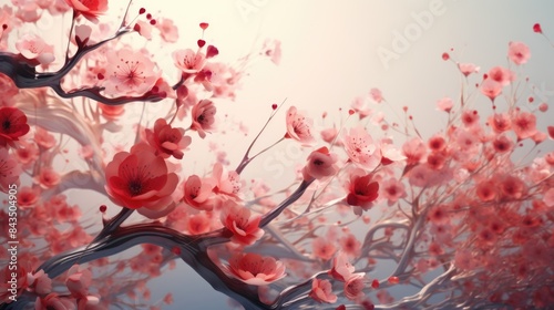 Pink and red flowers with tree abstract background