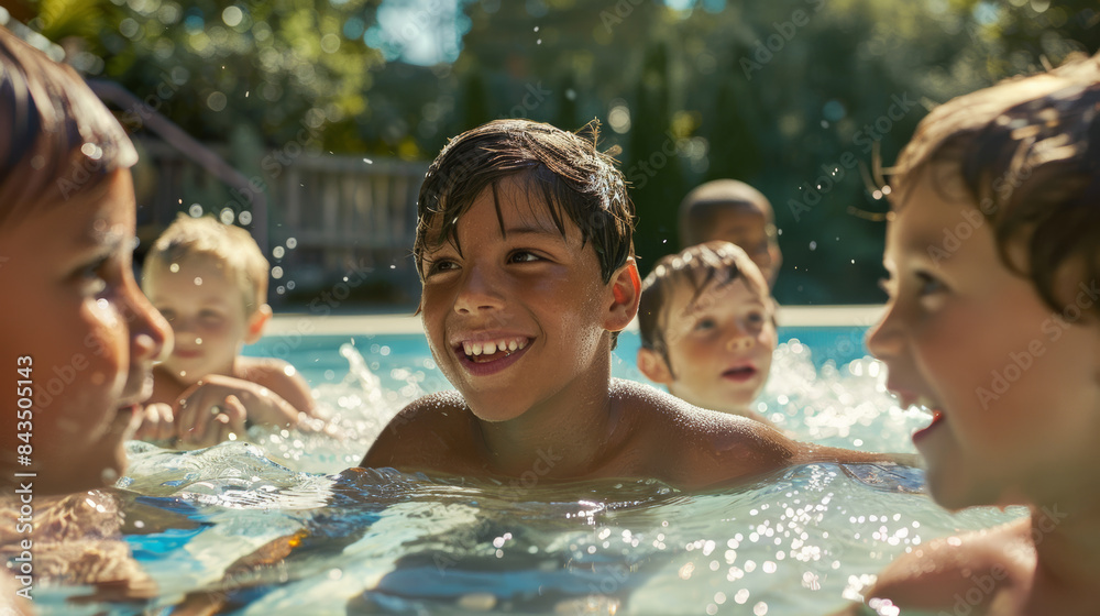 Children splash and play with joy in a sunlit pool, embodying the carefree essence of summer fun. Children splash and play with joy in a sunlit pool, embodying the carefree essence of summer fun.