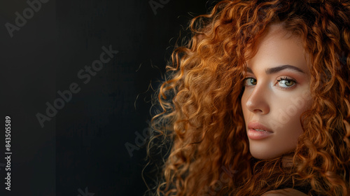 A close-up portrait of a person with striking curly red hair against a dark  moody background highlights their expressive eyes and flawless skin.