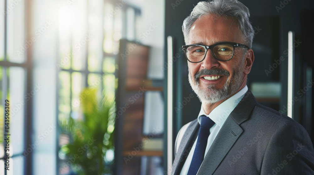 A confident older businessman in a suit smiles warmly, standing in a modern office with large windows, representing success and experience. A confident older businessman in a suit smiles warmly, standing in a modern office with large windows, representing success and experience.