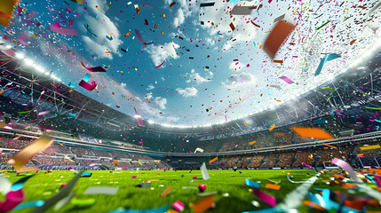 A sports stadium filled with confetti falling on the green field, under a bright sky with a cheering crowd