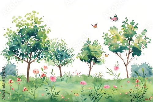 Watercolor spring landscape with green trees, pink flowers, and butterflies, vibrant and serene nature scene Generative ai
