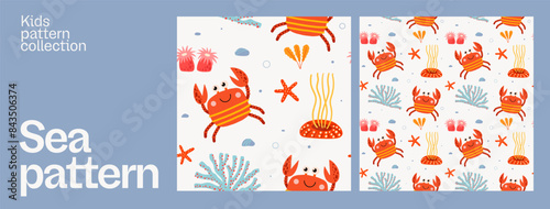 Collection of seamless patterns on the theme of the seabed. Red crabs, corals and starfish. Underwater inhabitants of the ocean or coral reef. Vector illustration.