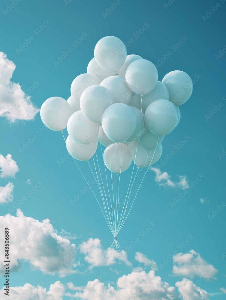 Fototapeta premium An illustration of an amount of white gas balloons that are not tethered and floating in the air, surrounded by some magnificent scenery and clouds.
