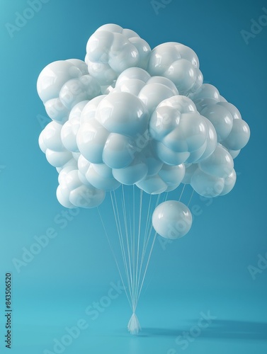 An illustration of an amount of white gas balloons that are not tethered and floating in the air, surrounded by some magnificent scenery and clouds. photo