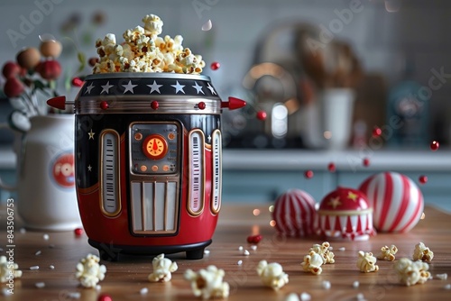 A popcorn maker designed like a retro diner jukebox, complete with buttons and dials, adding a fun retro vibe to snack time photo
