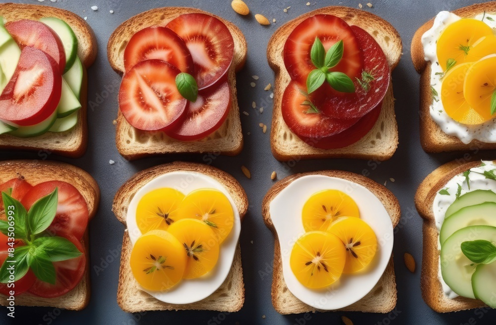 Breakfast sandwiches with various fillings. View from above. Food for lunchbox Breakfast sandwiches with various fillings. View from above. Food for lunchbox