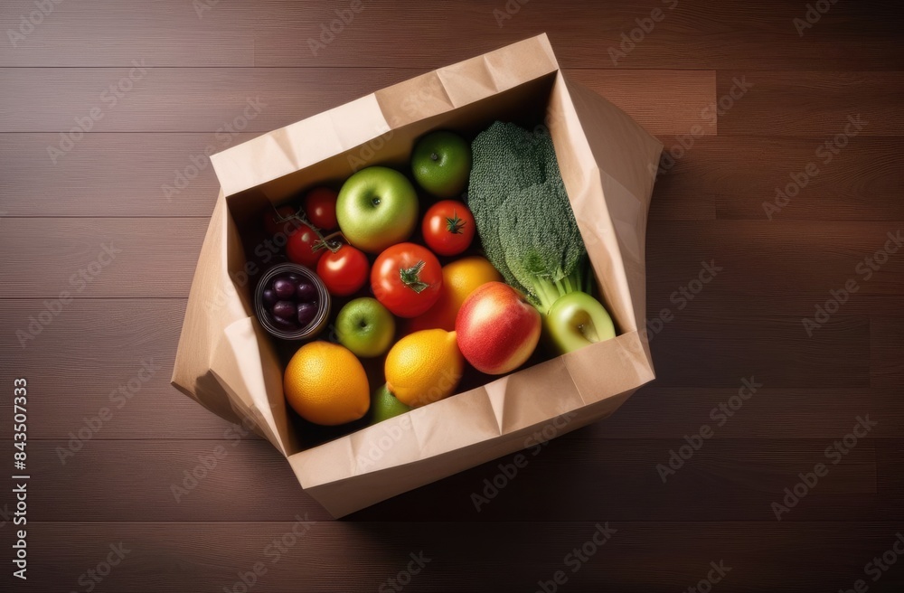 Top view of a paper bag with fruits, vegetables and juice on a wooden table. Concept of healthy eating, vegetarianism and shopping. Top view of a paper bag with fruits, vegetables and juice on a wooden table. Concept of healthy eating, vegetarianism and shopping.
