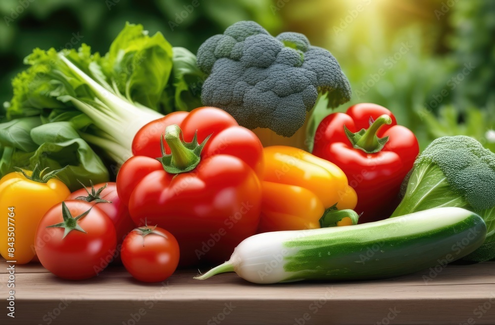 Lots of fresh vegetables and herbs on a wooden table in the garden Lots of fresh vegetables and herbs on a wooden table in the garden