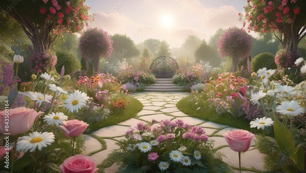 3D renders a variety of flowers in the garden illustration painting a dreamlike atmosphere peaceful