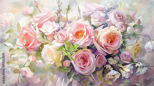 Watercolor wedding bouquet in pastel shades.