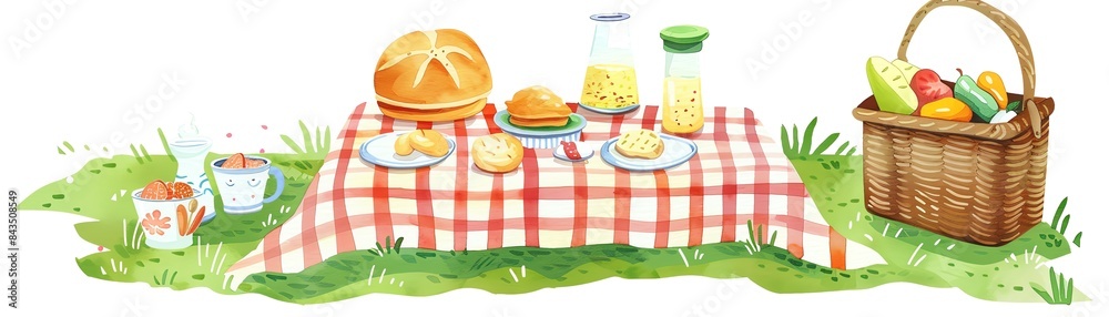 Playing yeast at a picnic, flat design, front view, outdoor theme, animation, vivid