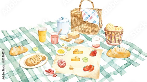 Yeast enjoying playful activities at a picnic, flat design, side view, picnic theme, animation, colored pastel