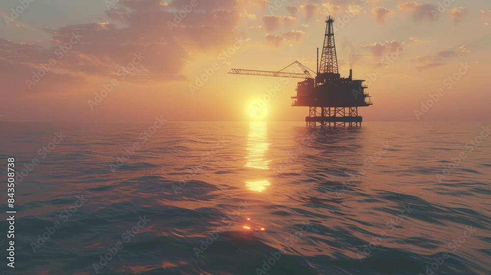 An offshore oil rig silhouetted against a stunning sunset, creating a dramatic and serene oceanic scene. An offshore oil rig silhouetted against a stunning sunset, creating a dramatic and serene oceanic scene.
